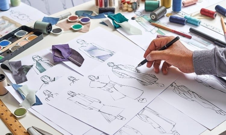 Design studio: fashion sketches and fabric swatches