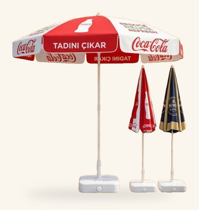 Promotional patio umbrellas on stands